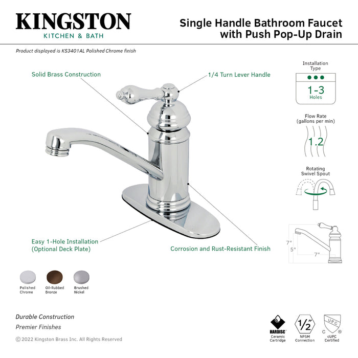Kingston Heirloom KS3401AL - Vintage One-Handle 1-Hole Bathroom Faucet with Deck Plate and Push Pop-Up Drain, Polished Chrome