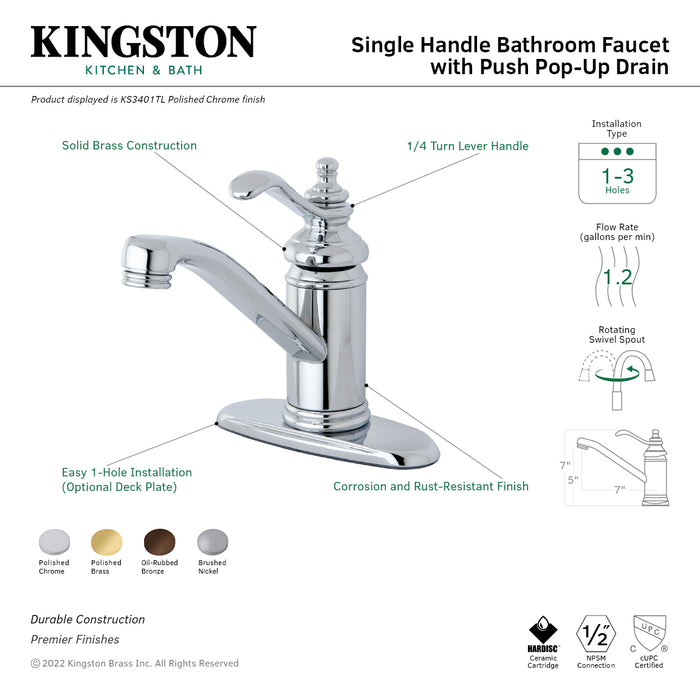 Kingston Heirloom KS3402TL - Templeton One-Handle 1-Hole Bathroom Faucet with Deck Plate and Push Pop-Up Drain, Polished Brass