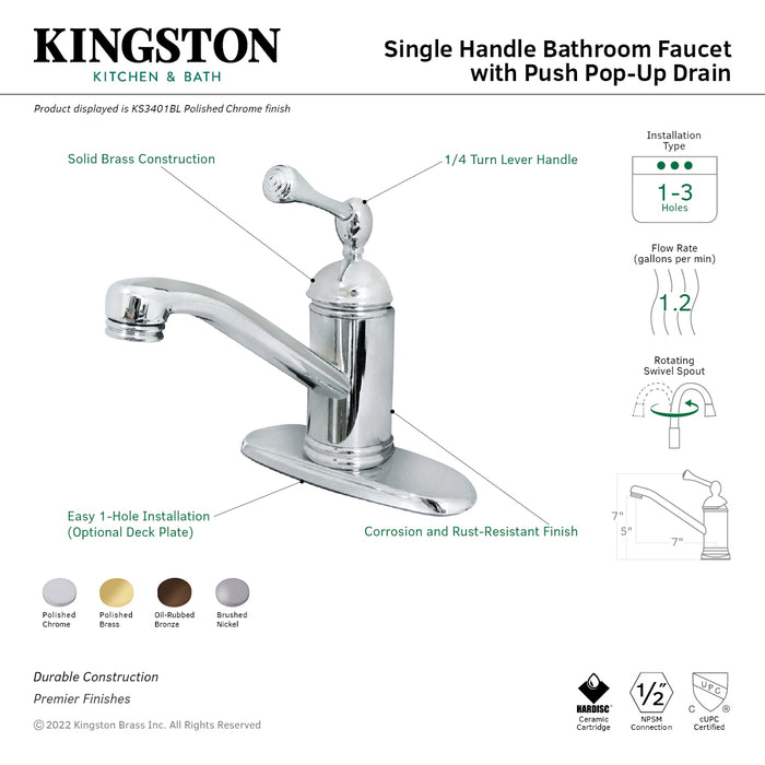 Kingston Tulare KS3405BLOne-Handle 1-Hole Bathroom Faucet with Deck Plate and Push Pop-Up Drain, Oil Rubbed Bronze