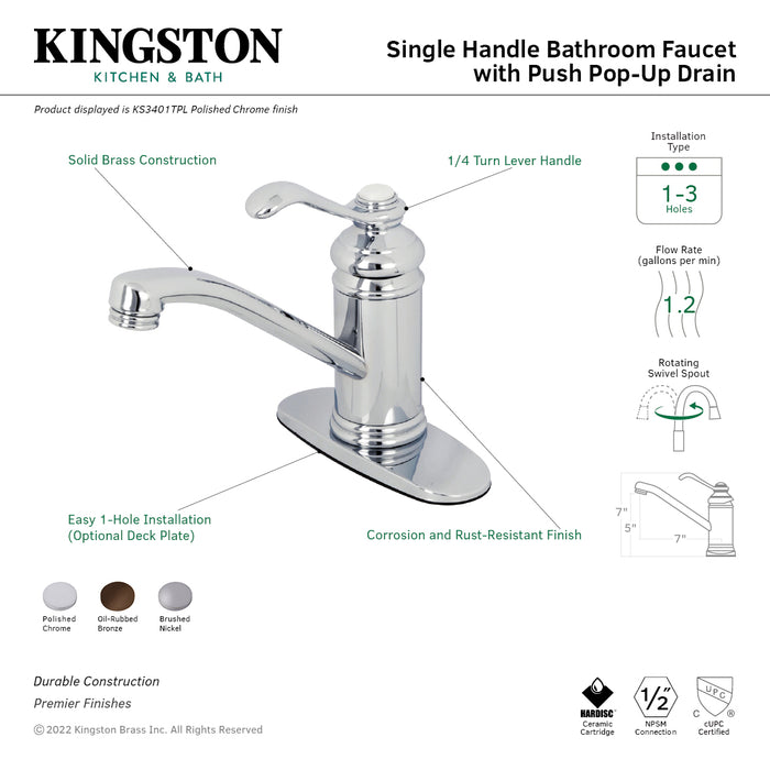 Kingston Heirloom KS3405TPL - Templeton One-Handle 1-Hole Bathroom Faucet with Deck Plate and Push Pop-Up Drain, Oil Rubbed Bronze