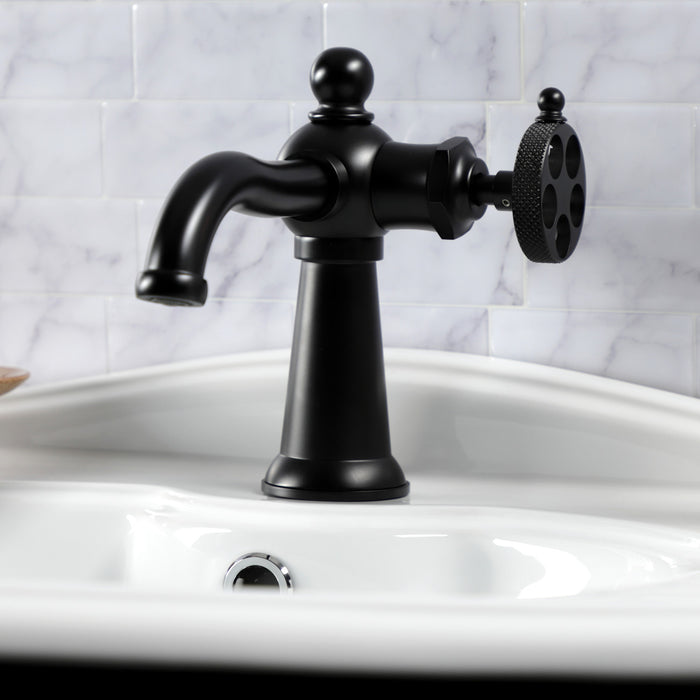 Kingston Tulare KS3540RKX - Webb One-Handle 1-Hole Bathroom Faucet with Knurled Handle and Push Pop-Up Drain, Matte Black