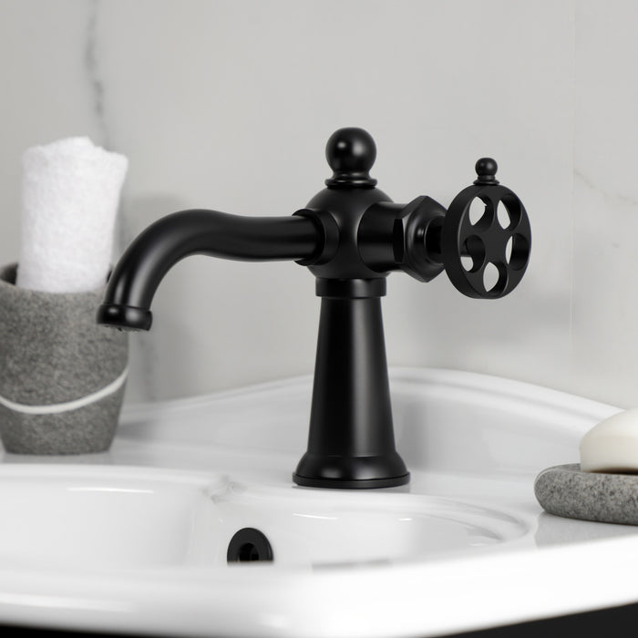 Kingston Tulare KS3540RKZ - Wendell One-Handle 1-Hole Bathroom Faucet with Knurled Handle and Push Pop-Up Drain, Matte Black