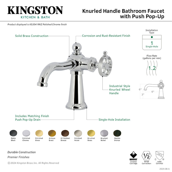 Kingston Tulare KS3541RKZ - Wendell One-Handle 1-Hole Bathroom Faucet with Knurled Handle and Push Pop-Up Drain, Polished Chrome
