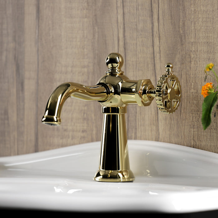 Kingston Tulare KS3542CG - Fuller One-Handle 1-Hole Bathroom Faucet with Push Pop-Up Drain, Polished Brass