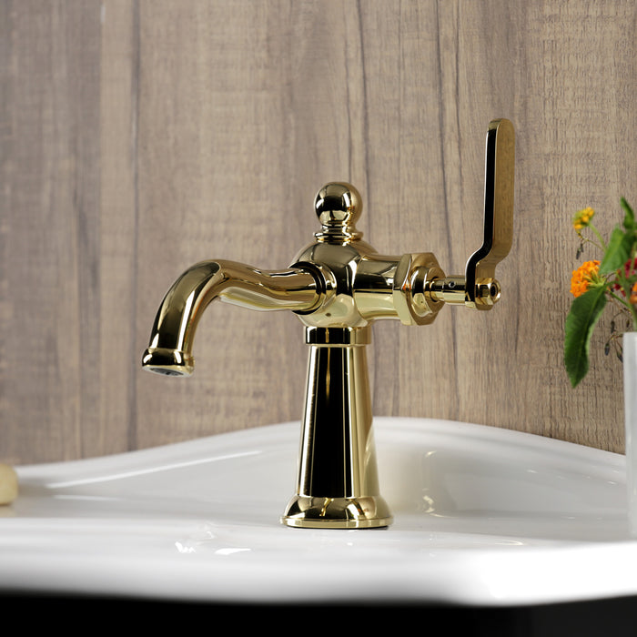 Kingston Tulare KS3542KL - Knight One-Handle 1-Hole Bathroom Faucet with Push Pop-Up Drain, Polished Brass