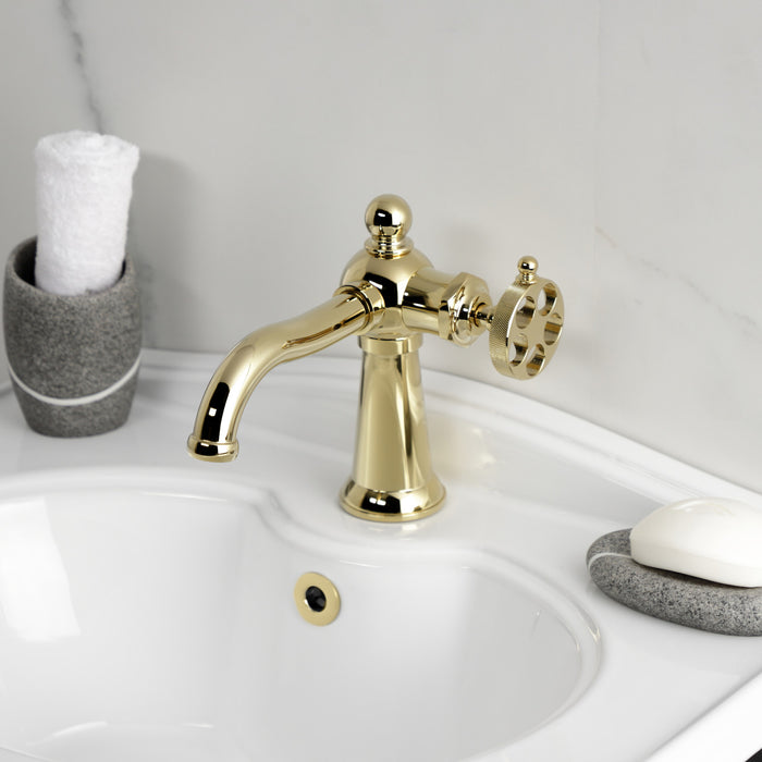 Kingston Tulare KS3542RKZ - Wendell One-Handle 1-Hole Bathroom Faucet with Knurled Handle and Push Pop-Up Drain, Polished Brass
