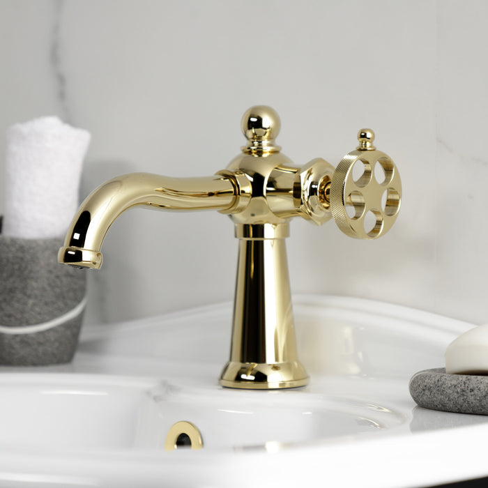 Kingston Tulare KS3542RKZ - Wendell One-Handle 1-Hole Bathroom Faucet with Knurled Handle and Push Pop-Up Drain, Polished Brass