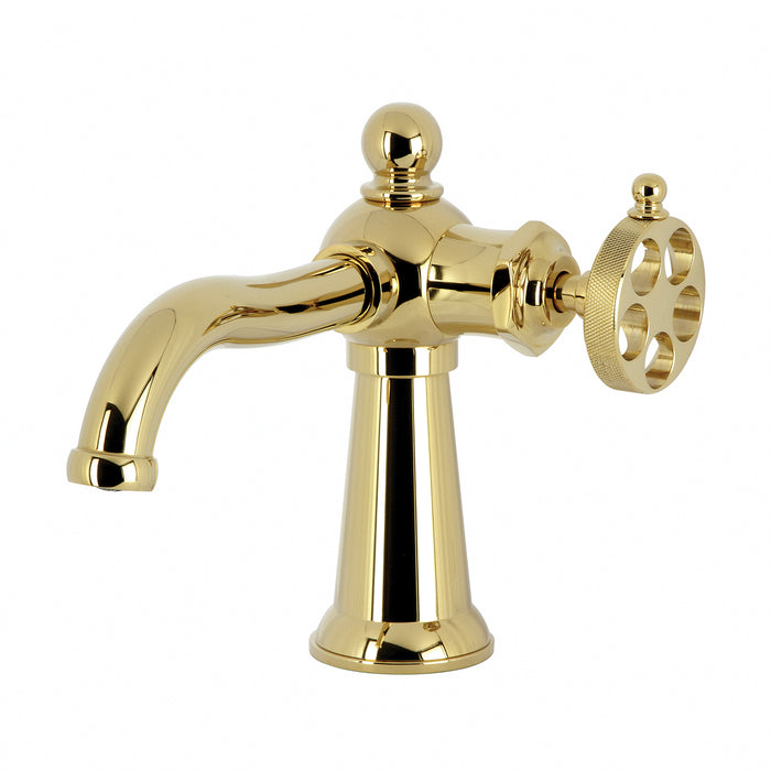 Kingston Tulare KS3542RKZ - Wendell One-Handle 1-Hole Bathroom Faucet with Knurled Handle and Push Pop-Up Drain, Polished Brass