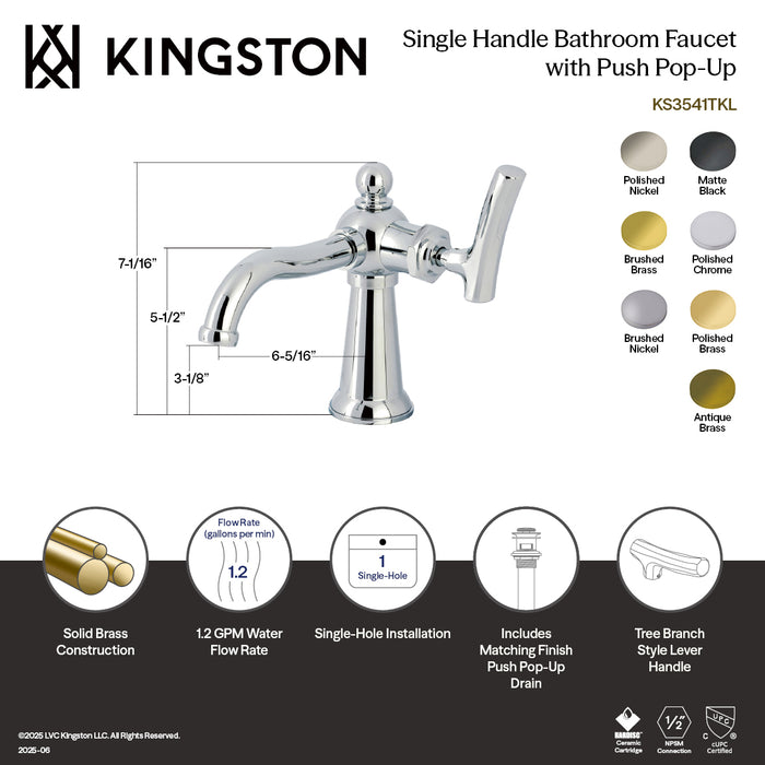 Kingston Tulare KS3542TKL - Hallerbos One-Handle 1-Hole Bathroom Faucet with Push Pop-Up Drain, Polished Brass