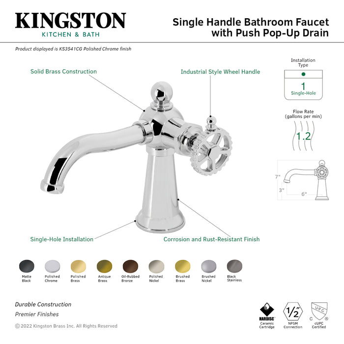 Kingston Tulare KS3543CG - Fuller One-Handle 1-Hole Bathroom Faucet with Push Pop-Up Drain, Antique Brass