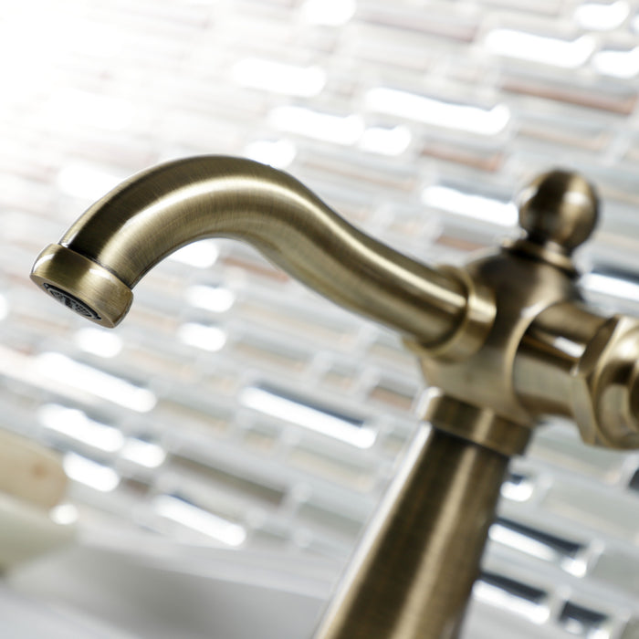 Kingston Tulare KS3543RKX - Webb One-Handle 1-Hole Bathroom Faucet with Knurled Handle and Push Pop-Up Drain, Antique Brass