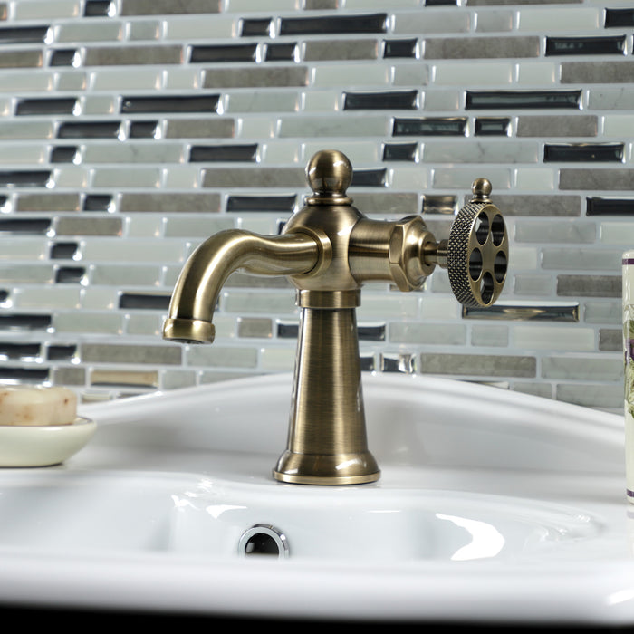 Kingston Tulare KS3543RKX - Webb One-Handle 1-Hole Bathroom Faucet with Knurled Handle and Push Pop-Up Drain, Antique Brass