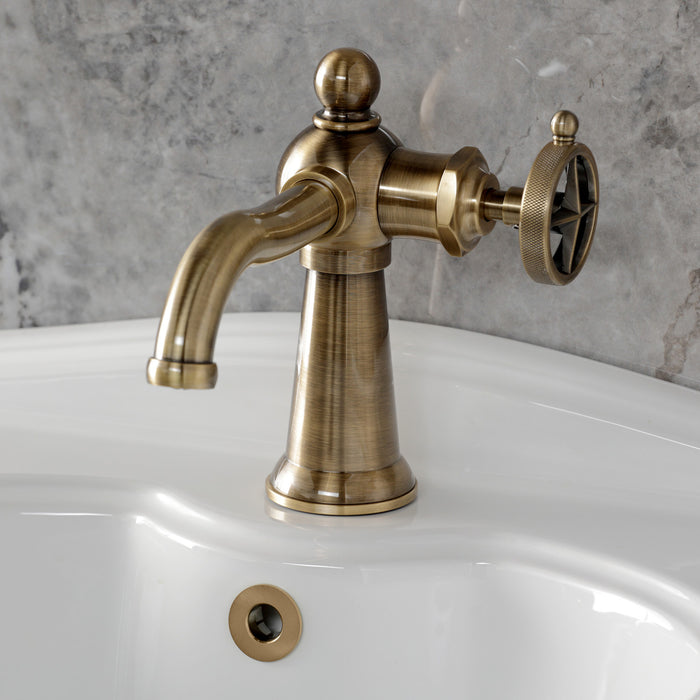 Kingston Tulare KS3543RNK - Levante One-Handle 1-Hole Bathroom Faucet with Push Pop-Up Drain, Antique Brass