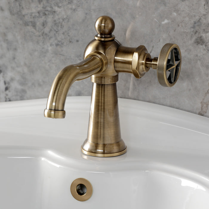 Kingston Tulare KS3543RNX - Ostro One-Handle 1-Hole Bathroom Faucet with Push Pop-Up Drain, Antique Brass