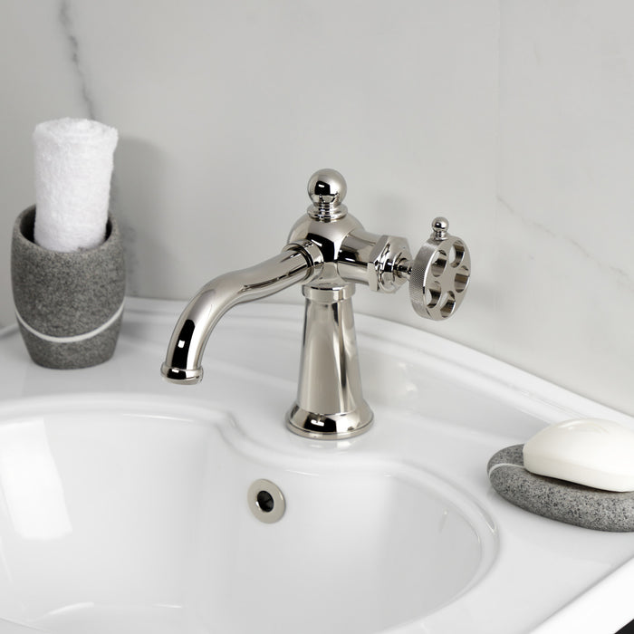Kingston Tulare KS3546RKZ - Wendell One-Handle 1-Hole Bathroom Faucet with Knurled Handle and Push Pop-Up Drain, Polished Nickel