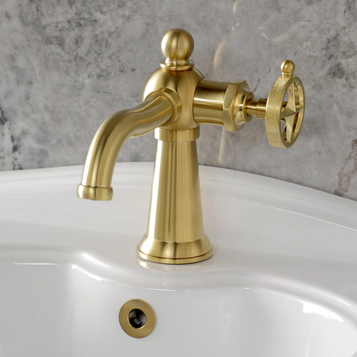 Kingston Tulare KS3547RNK - Levante One-Handle 1-Hole Bathroom Faucet with Push Pop-Up Drain, Brushed Brass