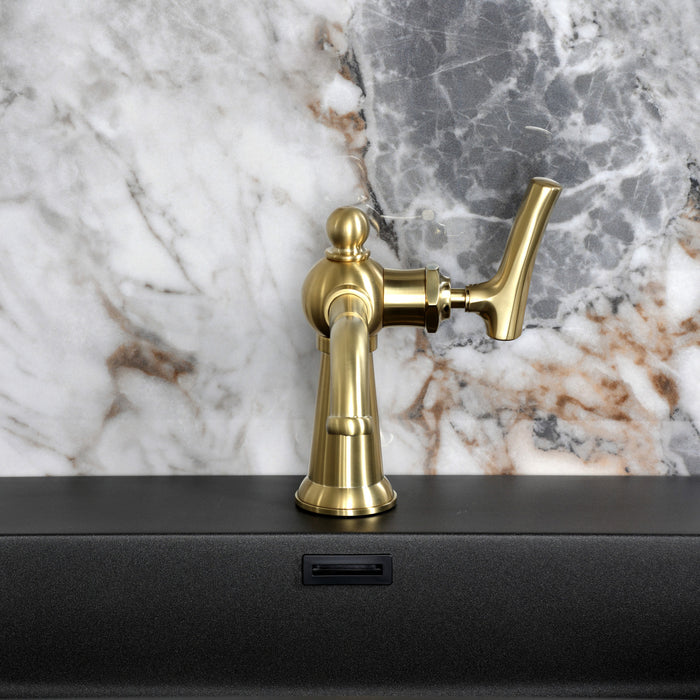 Kingston Tulare KS3547TKL - Hallerbos One-Handle 1-Hole Bathroom Faucet with Push Pop-Up Drain, Brushed Brass