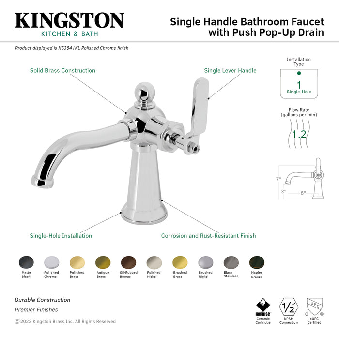 Kingston Tulare KS3548KL - Knight One-Handle 1-Hole Bathroom Faucet with Push Pop-Up Drain, Brushed Nickel