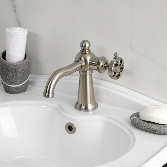 Kingston Tulare KS3548RKZ - Wendell One-Handle 1-Hole Bathroom Faucet with Knurled Handle and Push Pop-Up Drain, Brushed Nickel