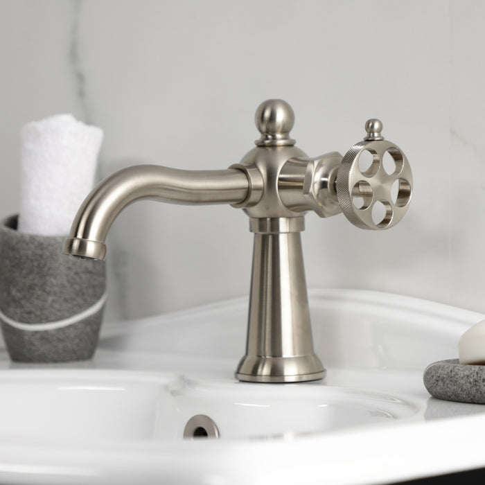 Kingston Tulare KS3548RKZ - Wendell One-Handle 1-Hole Bathroom Faucet with Knurled Handle and Push Pop-Up Drain, Brushed Nickel