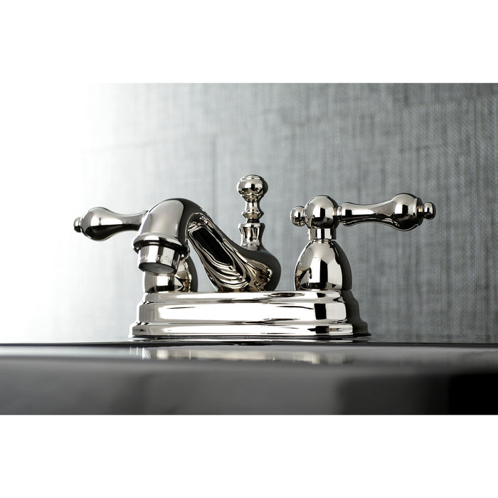 Kingston Heirloom KS3606AL - Restoration Double-Handle 3-Hole Deck Mount 4-Inch Centerset Bathroom Faucet with Brass Pop-Up, Polished Nickel