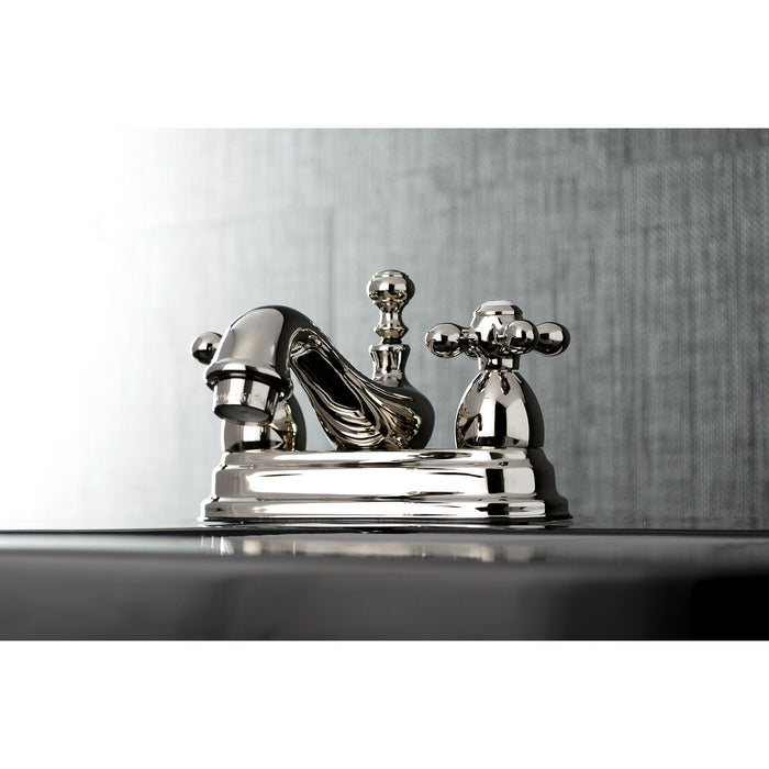 Kingston Heirloom KS3606AX - Restoration Double-Handle 3-Hole Deck Mount 4-Inch Centerset Bathroom Faucet with Brass Pop-Up, Polished Nickel
