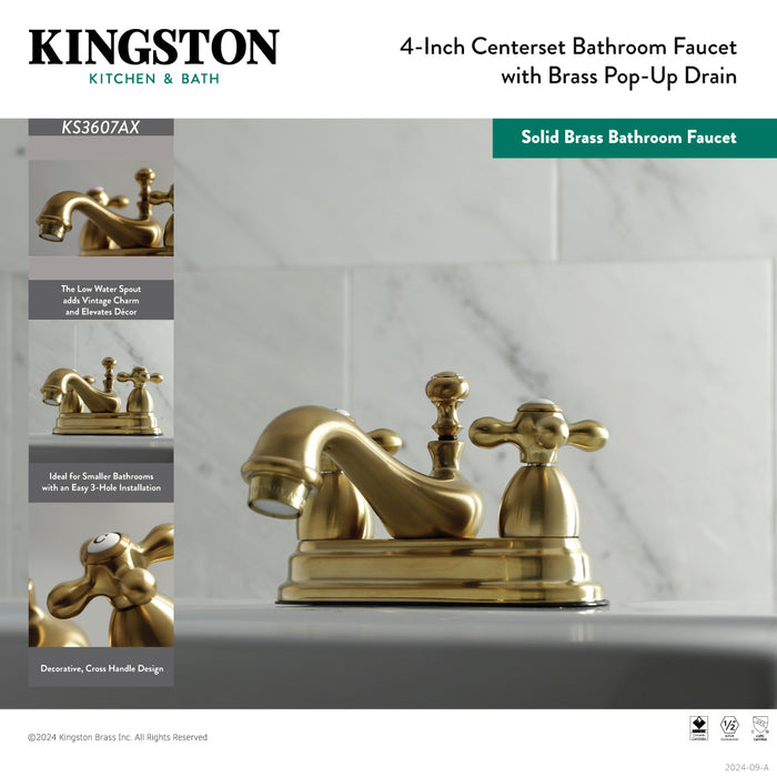 Kingston Heirloom KS3607AX - Restoration Double-Handle 3-Hole Deck Mount 4-Inch Centerset Bathroom Faucet with Brass Pop-Up, Brushed Brass