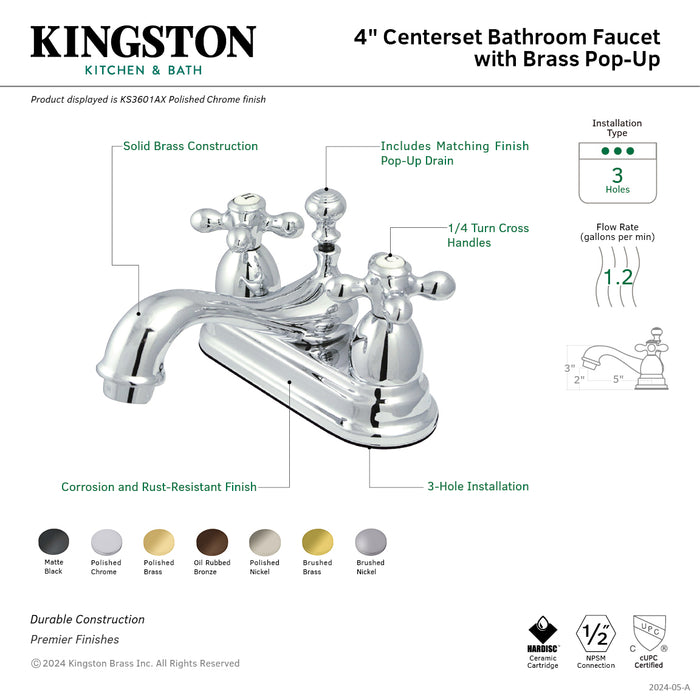 Kingston Heirloom KS3607AX - Restoration Double-Handle 3-Hole Deck Mount 4-Inch Centerset Bathroom Faucet with Brass Pop-Up, Brushed Brass