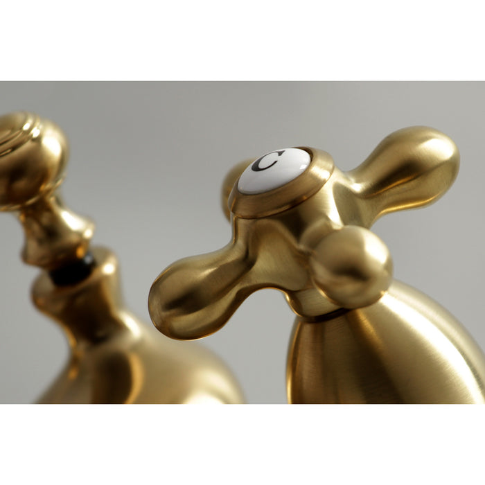 Kingston Heirloom KS3607AX - Restoration Double-Handle 3-Hole Deck Mount 4-Inch Centerset Bathroom Faucet with Brass Pop-Up, Brushed Brass
