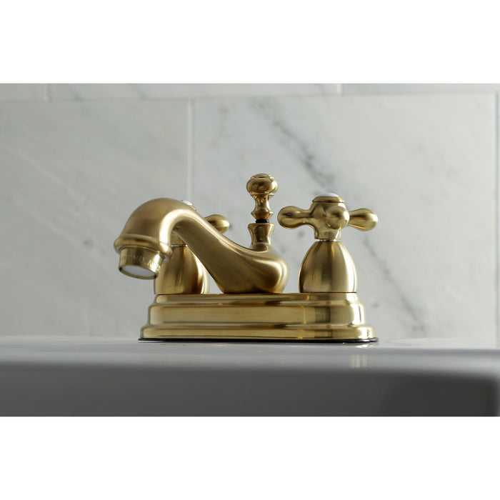 Kingston Heirloom KS3607AX - Restoration Double-Handle 3-Hole Deck Mount 4-Inch Centerset Bathroom Faucet with Brass Pop-Up, Brushed Brass