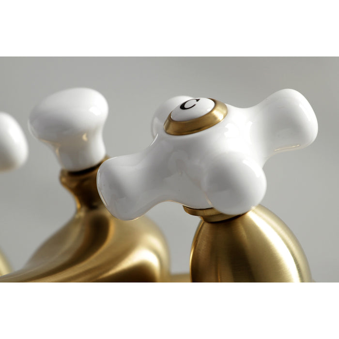 Kingston Heirloom KS3607PX - Restoration Double-Handle 3-Hole Deck Mount 4-Inch Centerset Bathroom Faucet with Brass Pop-Up, Brushed Brass