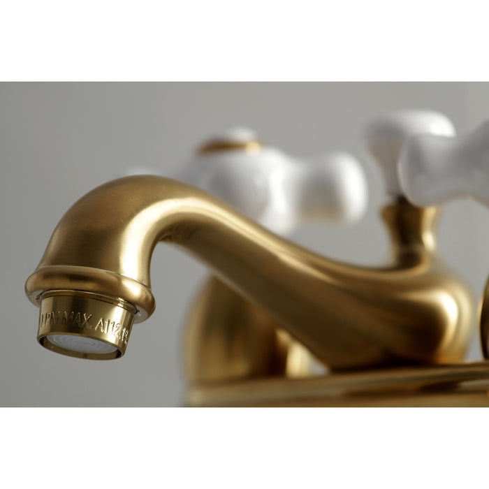 Kingston Heirloom KS3607PX - Restoration Double-Handle 3-Hole Deck Mount 4-Inch Centerset Bathroom Faucet with Brass Pop-Up, Brushed Brass