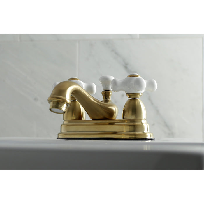 Kingston Heirloom KS3607PX - Restoration Double-Handle 3-Hole Deck Mount 4-Inch Centerset Bathroom Faucet with Brass Pop-Up, Brushed Brass