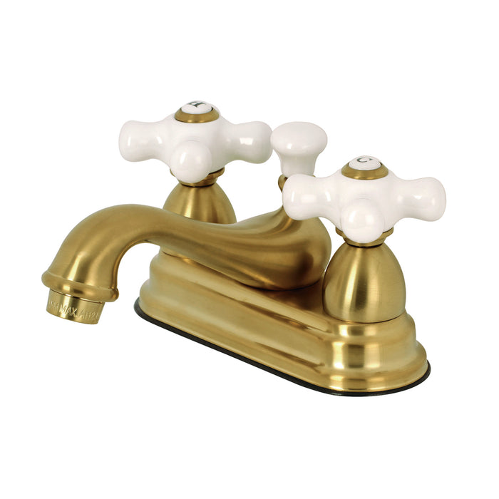 Kingston Heirloom KS3607PX - Restoration Double-Handle 3-Hole Deck Mount 4-Inch Centerset Bathroom Faucet with Brass Pop-Up, Brushed Brass