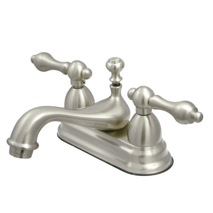 Kingston Heirloom KS3608AL - Restoration Double-Handle 3-Hole Deck Mount 4-Inch Centerset Bathroom Faucet with Brass Pop-Up, Brushed Nickel
