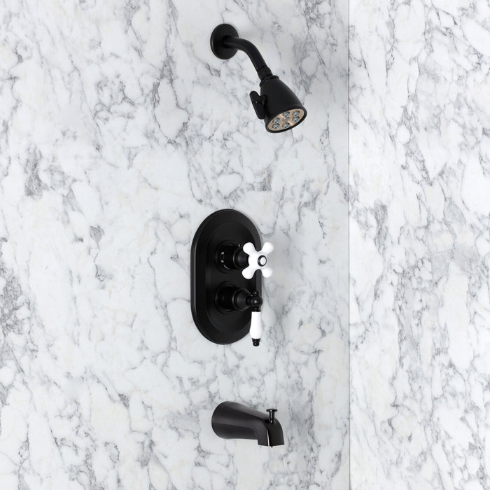 Kingston Restoration KS36300PL Double-Handle 3-Hole Thermostatic Tub and Shower Faucet with Plunger Diverter, Matte Black