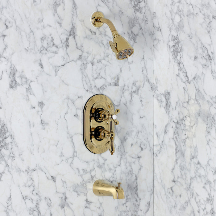 Kingston Restoration KS36320AL Double-Handle 3-Hole Thermostatic Tub and Shower Faucet with Plunger Diverter, Polished Brass