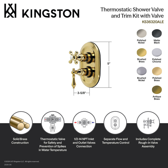 Kingston Heirloom KS36320ALE - Restoration Thermostatic Shower Valve and Trim Set, Polished Brass (Valve Included)