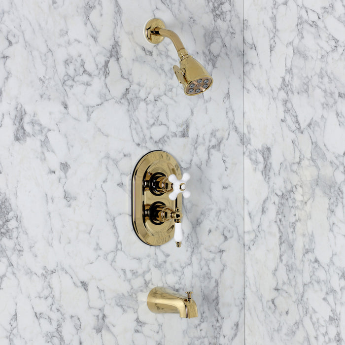 Kingston Restoration KS36320PL Double-Handle 3-Hole Thermostatic Tub and Shower Faucet with Plunger Diverter, Polished Brass