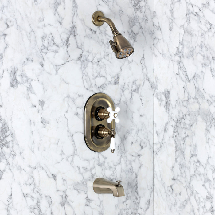 Kingston Restoration KS36330PL Double-Handle 3-Hole Thermostatic Tub and Shower Faucet with Plunger Diverter, Antique Brass