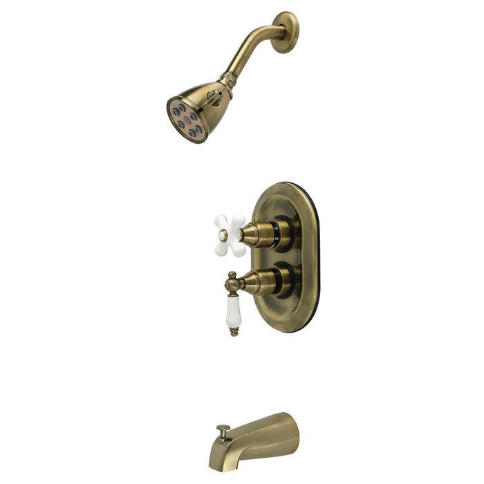 Kingston Restoration KS36330PL Double-Handle 3-Hole Thermostatic Tub and Shower Faucet with Plunger Diverter, Antique Brass