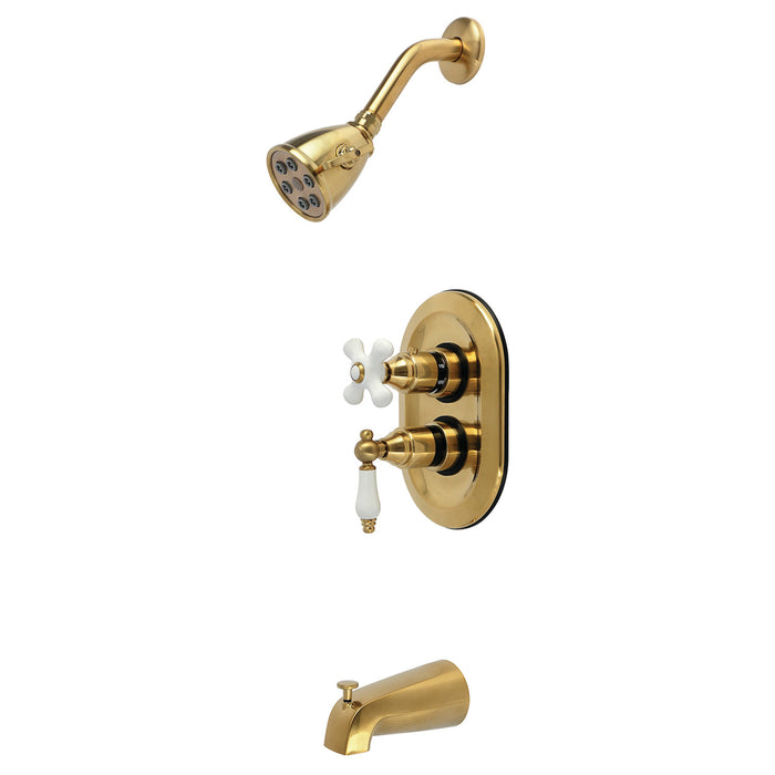 Kingston Restoration KS36370PL Double-Handle 3-Hole Thermostatic Tub and Shower Faucet with Plunger Diverter, Brushed Brass