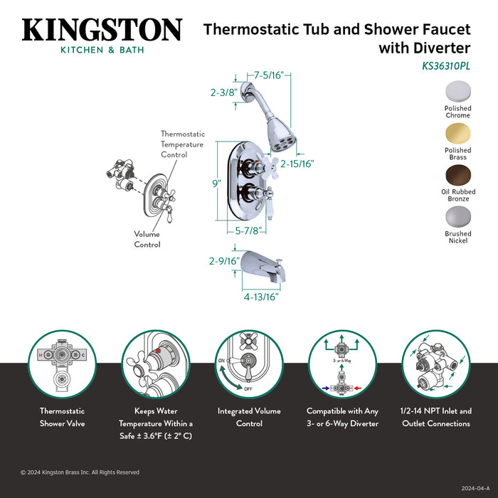Kingston Restoration KS36380PL Double-Handle 3-Hole Thermostatic Tub and Shower Faucet with Plunger Diverter, Brushed Nickel