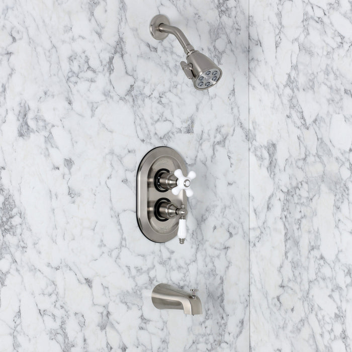 Kingston Restoration KS36380PL Double-Handle 3-Hole Thermostatic Tub and Shower Faucet with Plunger Diverter, Brushed Nickel