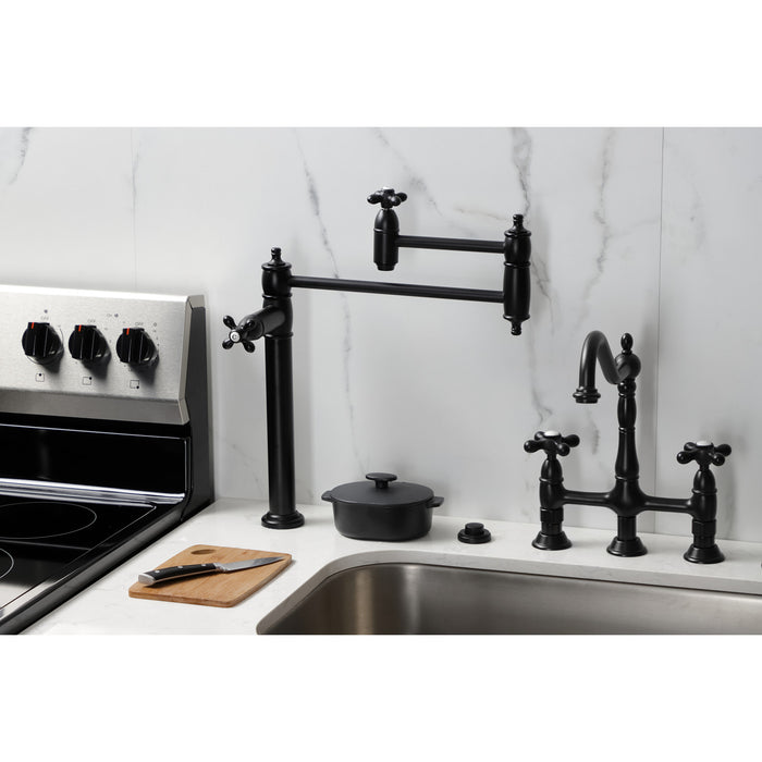 Kingston Heirloom KS3700AX - Restoration Two-Handle 1-Hole Deck Mount Pot Filler Faucet, Matte Black