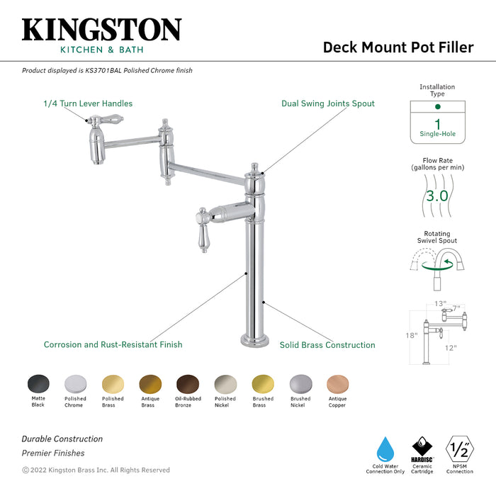 Kingston Heirloom KS3700BAL - Heirloom Two-Handle 1-Hole Deck Mount Pot Filler Faucet, Matte Black