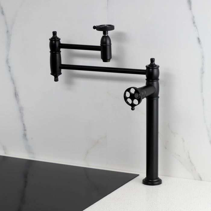 Kingston Tulare KS3700RKZ - Wendell Two-Handle 1-Hole Deck Mount Pot Filler Faucet with Knurled Handle, Matte Black