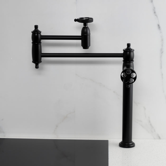 Kingston Tulare KS3700RKZ - Wendell Two-Handle 1-Hole Deck Mount Pot Filler Faucet with Knurled Handle, Matte Black
