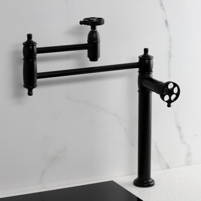 Kingston Tulare KS3700RKZ - Wendell Two-Handle 1-Hole Deck Mount Pot Filler Faucet with Knurled Handle, Matte Black