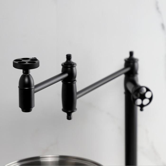 Kingston Tulare KS3700RKZ - Wendell Two-Handle 1-Hole Deck Mount Pot Filler Faucet with Knurled Handle, Matte Black